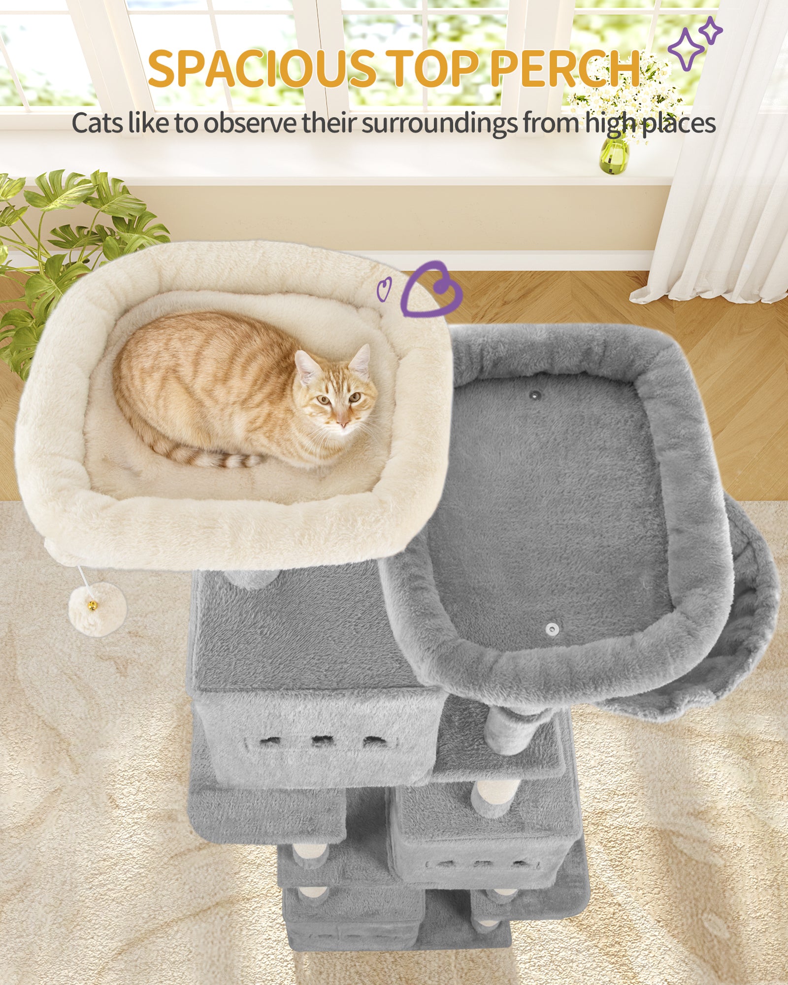 Hzuaneri Large Cat Tree, 193 cm High, XXL Cat Tree, with 7 Scratching Posts, 3 Caves, 2 Platforms, 2 Plush Balls, Basket
