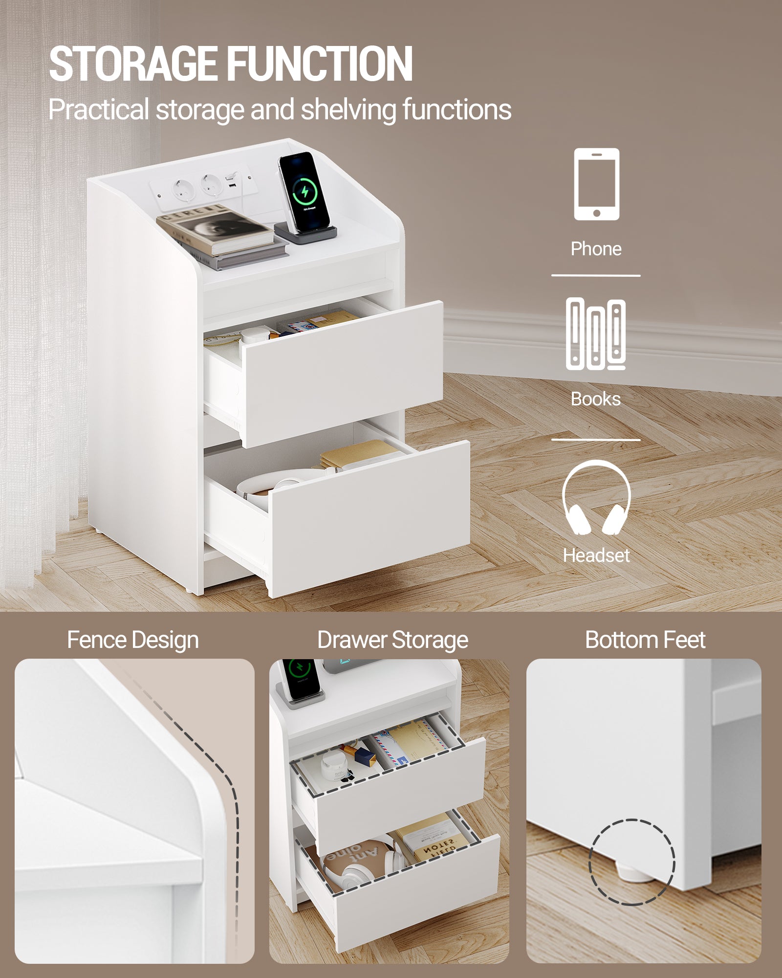 Hzuaneri Bedside Table with LED Lights & Charging Station, 2 Drawers, USB Ports and Power Outlets, White