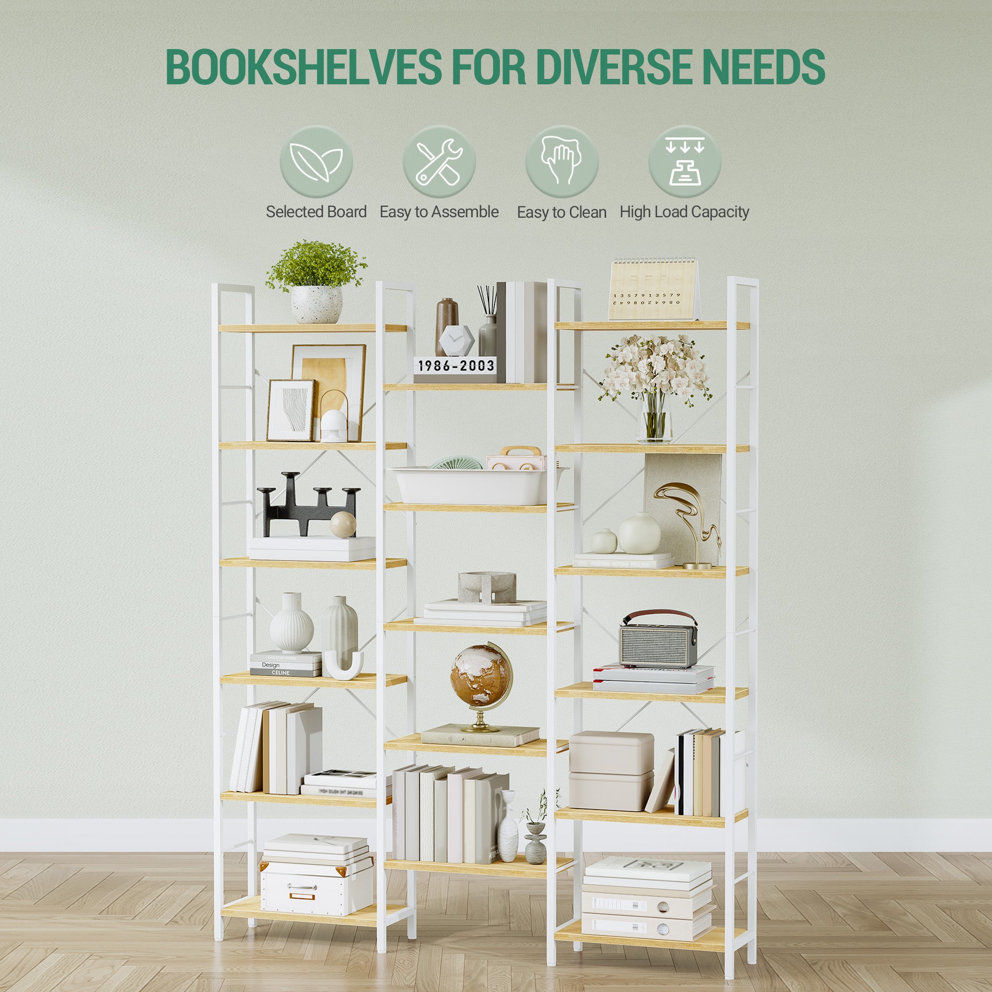 Hzuaneri 6-Tier Shelf Unit, Stem-Style Bookshelf with 17 Shelves, Adjustable Spacing, 24 × 152 × 186 cm, Metal Frame, for Living Room, Bedroom, Office, White Oak and White BC10116W