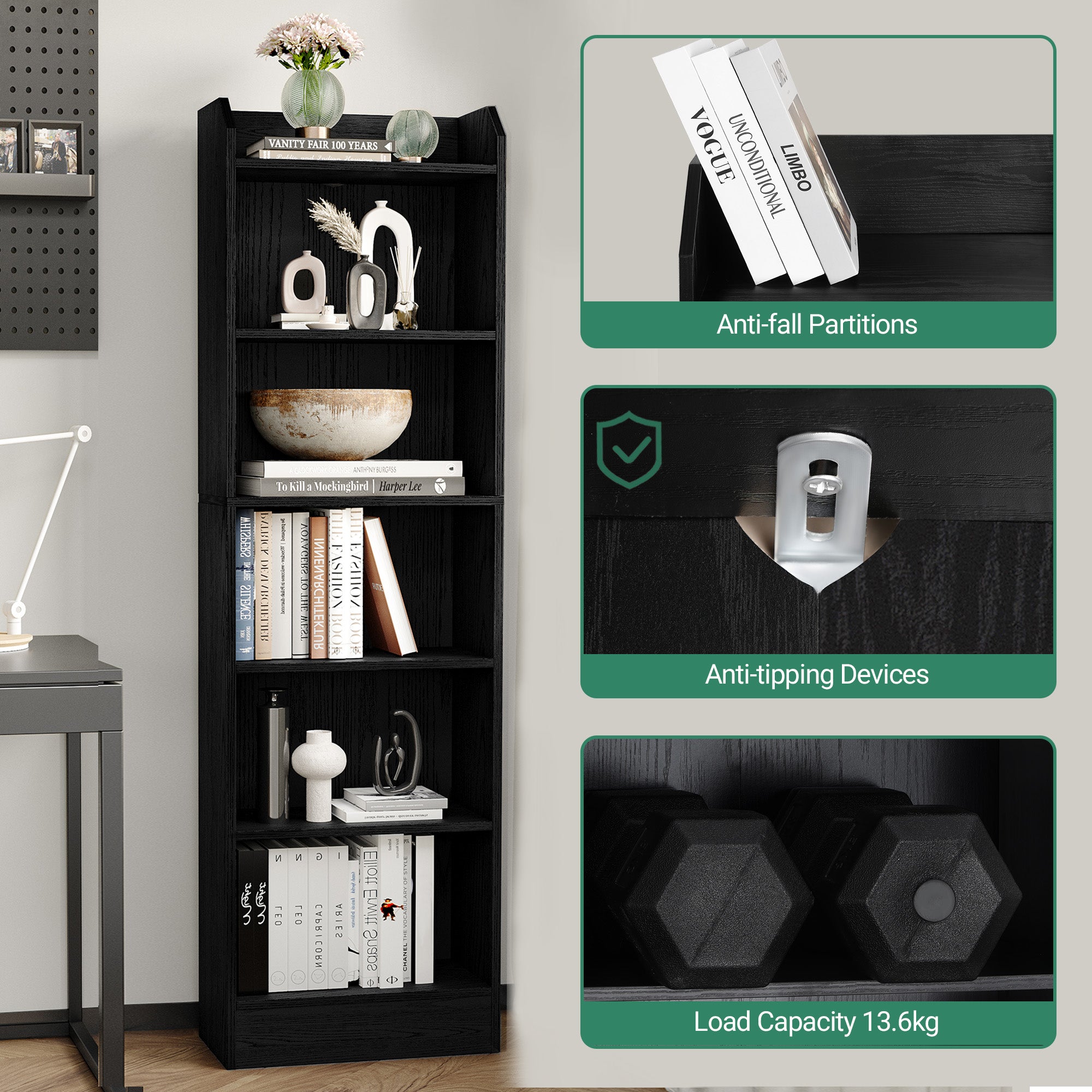 Hzuaneri Bookcase, 6-Tier Narrow Tall Bookshelf, Wooden Bookshelf with Adjustable Shelf, Open Storage Shelf for Bedroom, Living Room, Home Office, 24 x 48 x 169.5 cm Black, 02904XBC
