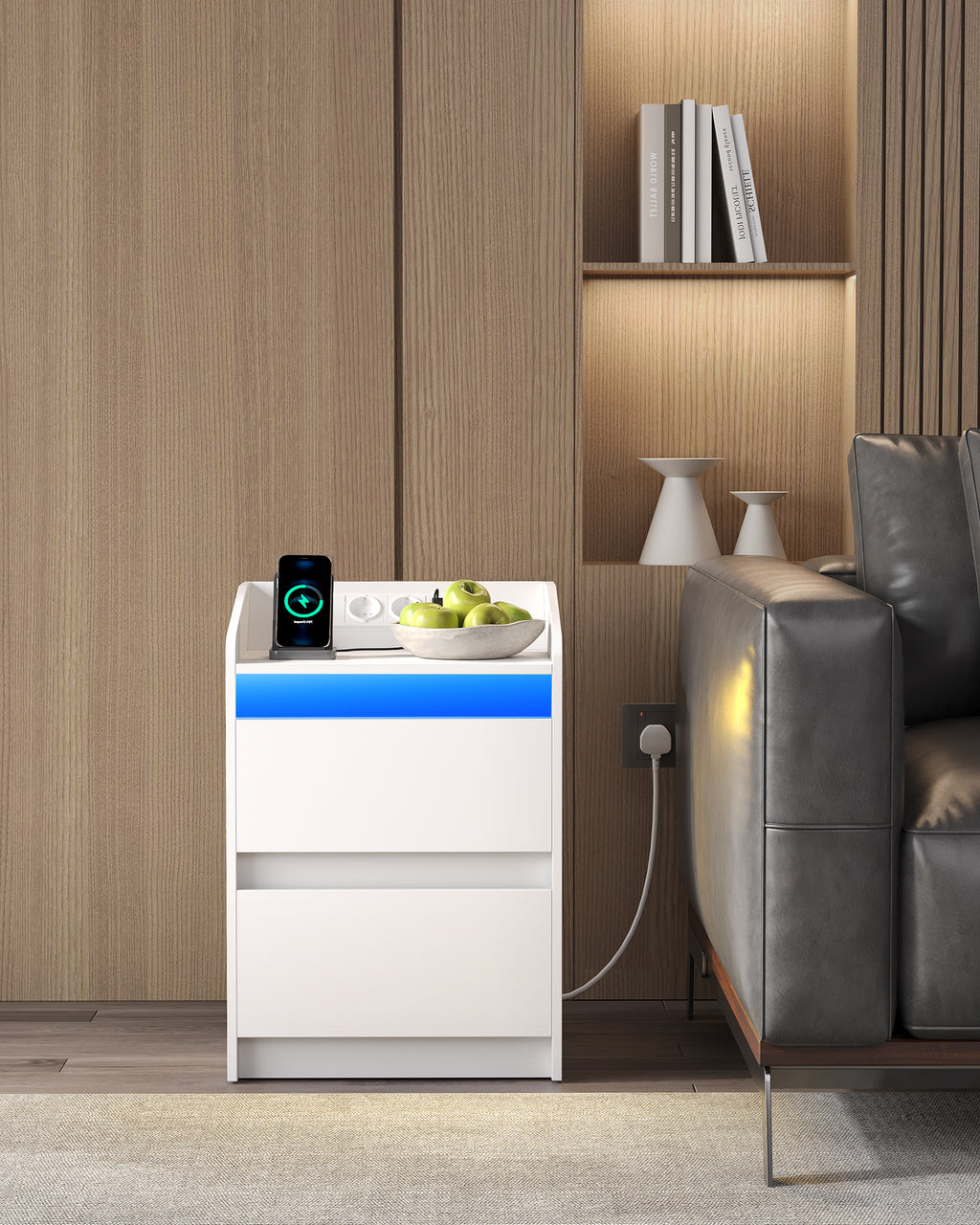 Hzuaneri Bedside Table with LED Lights & Charging Station, 2 Drawers, USB Ports and Power Outlets, White
