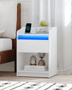 Hzuaneri Bedside Table with LED Light & Charging Station, 2 USB Ports & Outlets, Storage Drawer