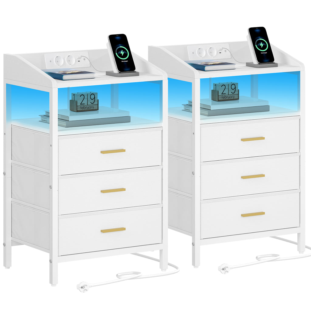 Hzuaneri Bedside Table Set of 2 with LED Lights & Charging Station, 3 Fabric Drawers, USB Ports & Sockets, White