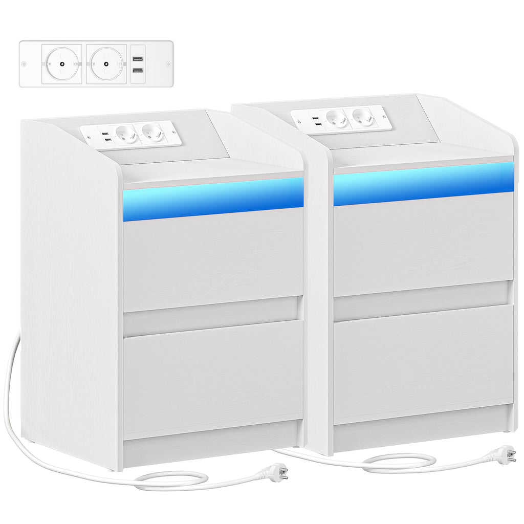 Hzuaneri Nightstand Set of 2 with LED Lights & Charging Station, 2 Drawers, USB Ports & Outlets, White
