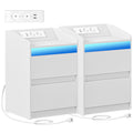 Hzuaneri Nightstand Set of 2 with LED Lights & Charging Station, 2 Drawers, USB Ports & Outlets, White