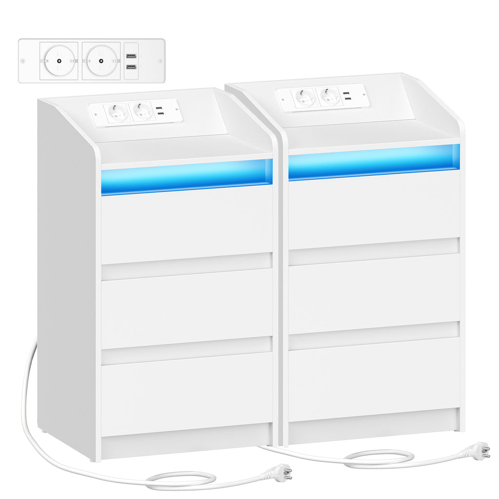 Hzuaneri Nightstand with Charging Station & LED, 3 Drawers, 2 AC Outlets & 2 USB Ports, White