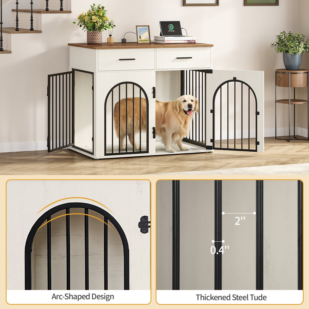Hzuaneri 43.3'' Dog Crate Furniture for Large Dog, Indoor Dog Kennel with 2 Storage Drawers, Charging Station, Wooden Dog Cage End Table Kennel, White Brown
