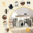 Hzuaneri 43.3'' Dog Crate Furniture for Large Dog, Indoor Dog Kennel with 2 Storage Drawers, Charging Station, Wooden Dog Cage End Table Kennel, White Brown