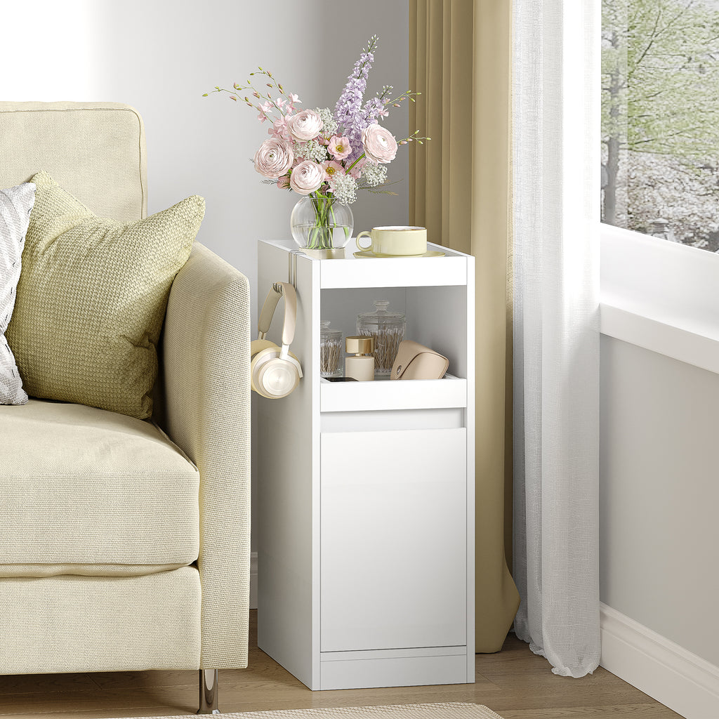 HEXCELEN Narrow Bedside Table, Nightstands with Tray, Side Table with 1 Door, Side Table with 2 Hooks, Space-Saving, for Bedroom, Living Room, Modern Style, White, 35 × 24 × 64 cm,301103X
