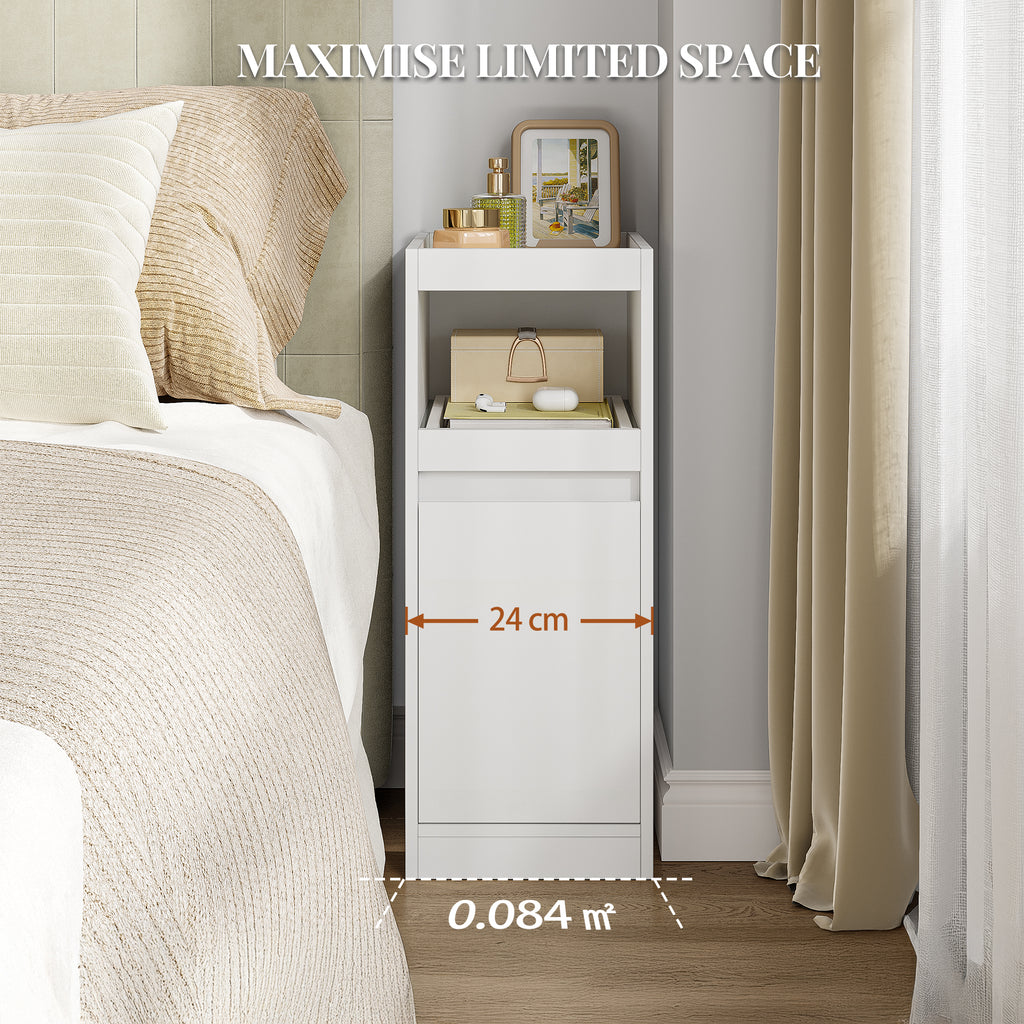 HEXCELEN Narrow Nightstand Set of 2, Nightstands with Tray, Side Table with 1 Door, Side Table with 2 Hooks, Space-Saving, for Bedroom, Living Room, Modern Style, White, 35 × 24 × 64 cm 301203X