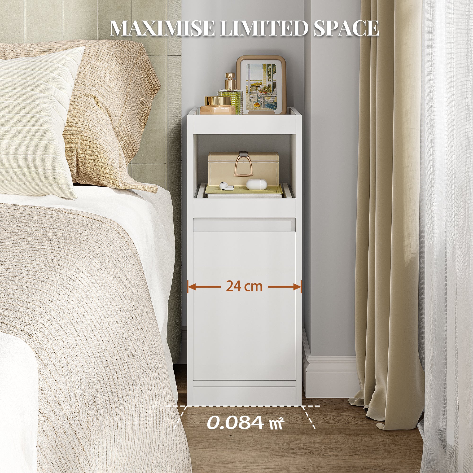HEXCELEN Narrow Nightstand Set of 2, Nightstands with Tray, Side Table with 1 Door, Side Table with 2 Hooks, Space-Saving, for Bedroom, Living Room, Modern Style, White, 35 × 24 × 64 cm 301203X
