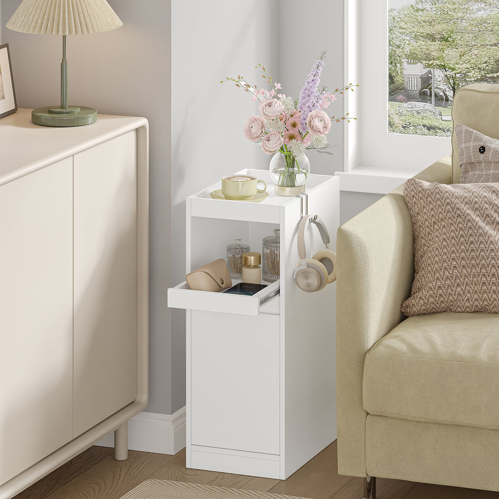 HEXCELEN Narrow Nightstand Set of 2, Nightstands with Tray, Side Table with 1 Door, Side Table with 2 Hooks, Space-Saving, for Bedroom, Living Room, Modern Style, White, 35 × 24 × 64 cm 301203X