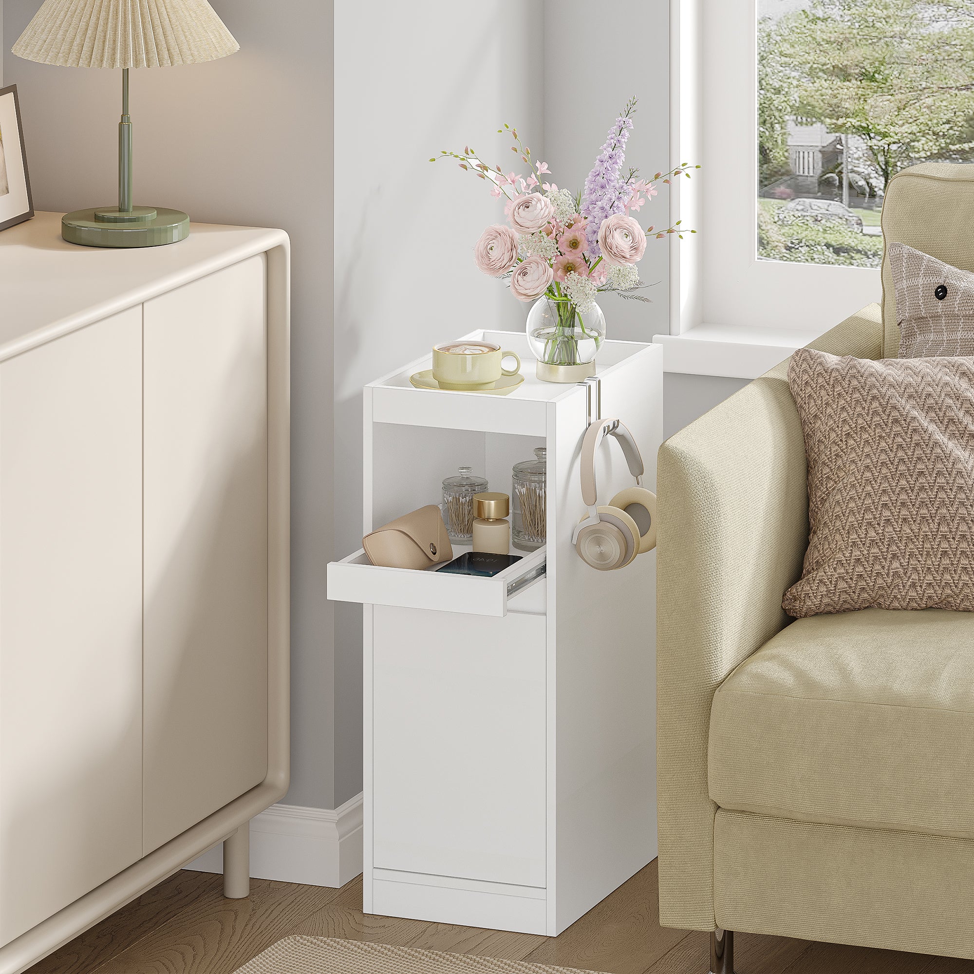 HEXCELEN Narrow Nightstand Set of 2, Nightstands with Tray, Side Table with 1 Door, Side Table with 2 Hooks, Space-Saving, for Bedroom, Living Room, Modern Style, White, 35 × 24 × 64 cm 301203X