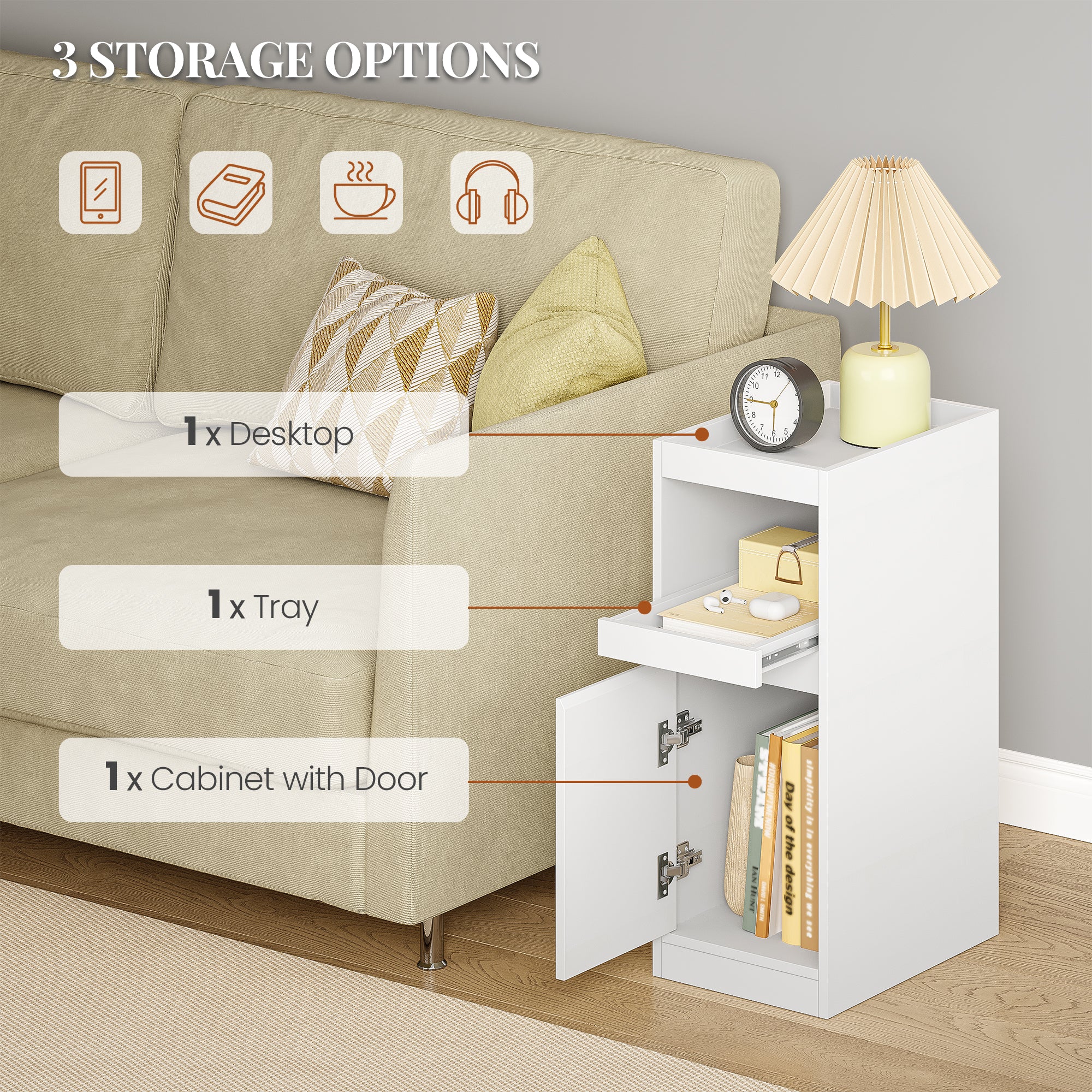 HEXCELEN Narrow Nightstand Set of 2, Nightstands with Tray, Side Table with 1 Door, Side Table with 2 Hooks, Space-Saving, for Bedroom, Living Room, Modern Style, White, 35 × 24 × 64 cm 301203X