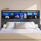 King Size Headboard with 3-tier Storage Shelves, Soft Velvet Upholstery, 2 Power Outlets, USB Ports & LED Lights, Comfy Backrest, Black