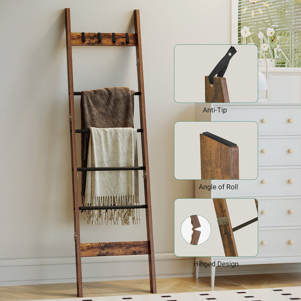 Hzuaneri 6-Tier Blanket Ladder with Hooks, 5.6Ft Wall Leaning Blanket Ladder, 4 Removable Hooks for Living Room, Bedroom Bathroom, Decorative Quilt Rack Easy to Assemble, Rustic Brown
