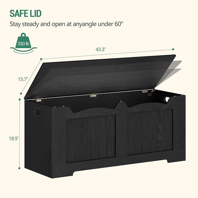 Hzuaneri 43.3" Large Storage Chest, Wooden Storage Bench with 2 Hinges, Lift-Top Chest Organizer for Living Room, Bedroom, Entryway, Black