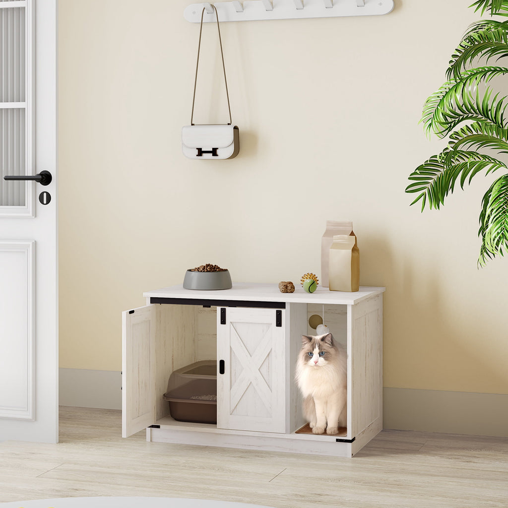 Hzuaneri 31.5" Cat Litter Box Enclosure, Hidden Cabinet Furniture with Bell for Indoor Cat, Farmhouse Style, White