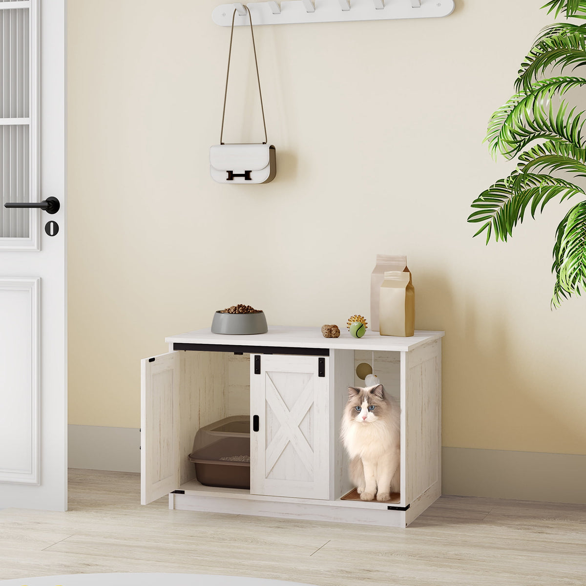 Hzuaneri 31.5" Cat Litter Box Enclosure, Hidden Cabinet Furniture with Bell for Indoor Cat, Farmhouse Style, White