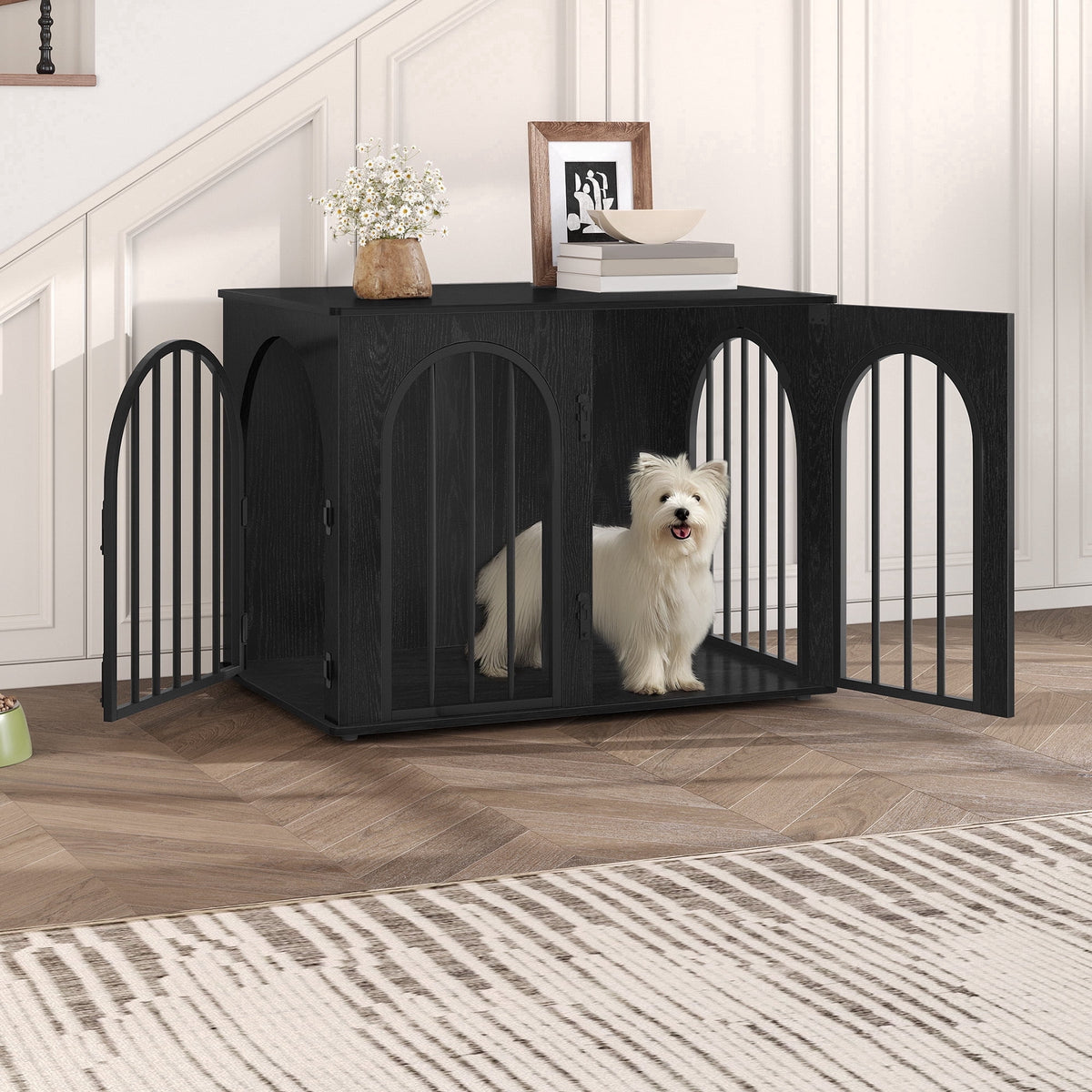 Hzuaneri Wooden Dog Crate Furniture, 31.5" Indoor Dog Kennel with Cushion, Dog Cage for Small Medium Dogs, Decorative Pet House Side End Table, Chew-Resistant, Black