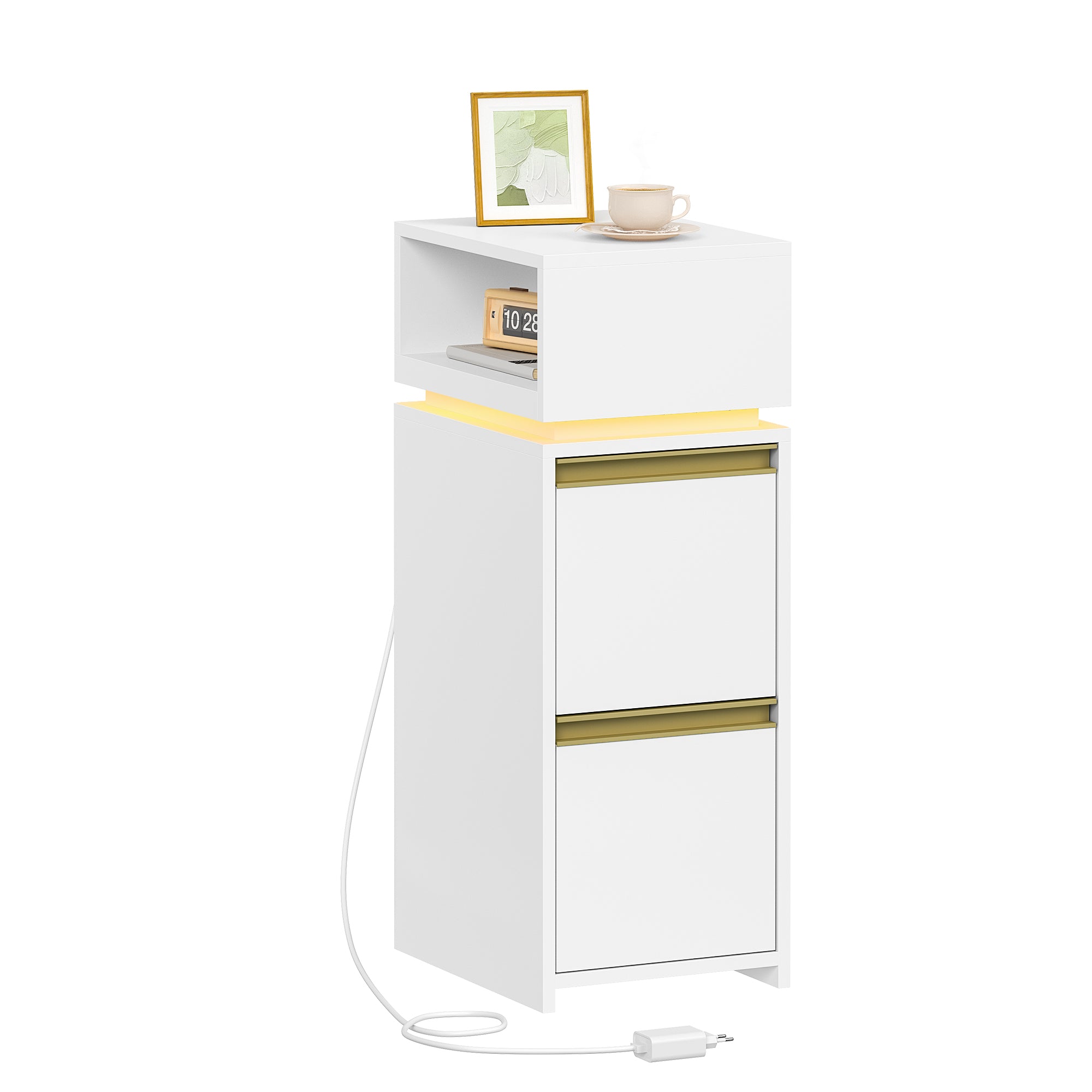 HEXCELEN Nightstand, Narrow, Side Table with 2 Drawers and 1 Open Compartment, Bedside Table for Bedroom, Side Table, for Bedroom, Living Room, Modern, White 321103X
