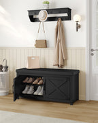 Hzuaneri Shoe Storage Bench, 39.4"W 2‑Tier Farmhouse Entryway Bench for Small Spaces, with Padded Seat Cushion, 2 Barn Doors & Adjustable Shelf, Shoe Cabinet for Living Room Bedroom Hallway, Black