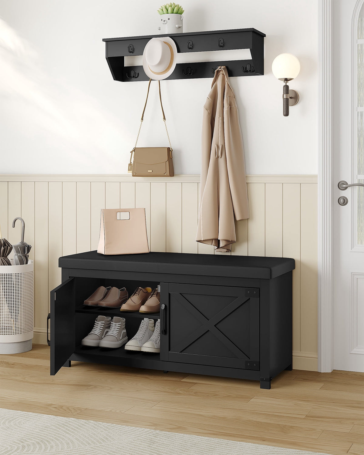 Hzuaneri Shoe Storage Bench, 39.4"W 2‑Tier Farmhouse Entryway Bench for Small Spaces, with Padded Seat Cushion, 2 Barn Doors & Adjustable Shelf, Shoe Cabinet for Living Room Bedroom Hallway, Black