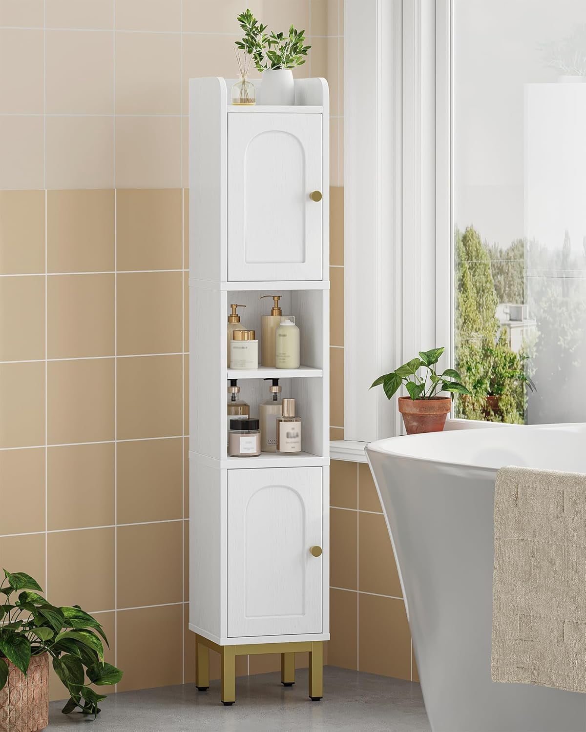 Bathroom Storage Cabinet, Narrow Bathroom Cabinet for Small Spaces with 2 Doors, 4 Adjustable Feet, Slim Freestanding Design, White
