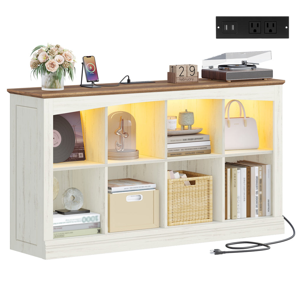 2 Tier Wood Cube Bookshelf, 55"W 8-Cube Storage Organizer with LED Lights & Charging Station, Low and Rustic Display Cabinet for Bedroom, Office, Living Room, White