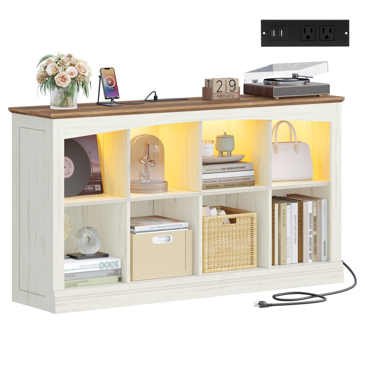 2 Tier Wood Cube Bookshelf, 55"W 8-Cube Storage Organizer with LED Lights & Charging Station, Low and Rustic Display Cabinet for Bedroom, Office, Living Room, White