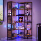 Hzuaneri 5-Tier Corner Bookshelf with LED Light, L-Shaped Bookcase with Metal Frame and Wooden Board, Industrial Bookcase with Display Shelf for Living Room Home Office, Rustic Brown