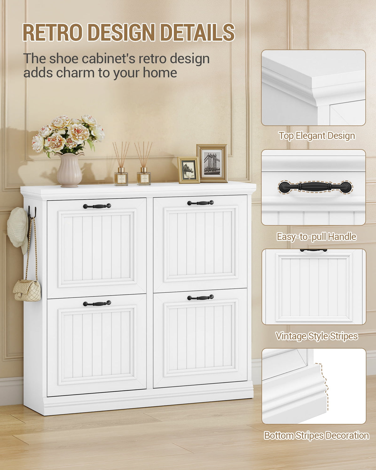 Hzuaneri 36.2" Tall Narrow Shoe Organizer, Freestanding Wooden Hidden Shoe Cabinet with 4 Flip Drawers & Adjustable Shelves, Multi-Purpose Storage Furniture for Entryway Hallway, White