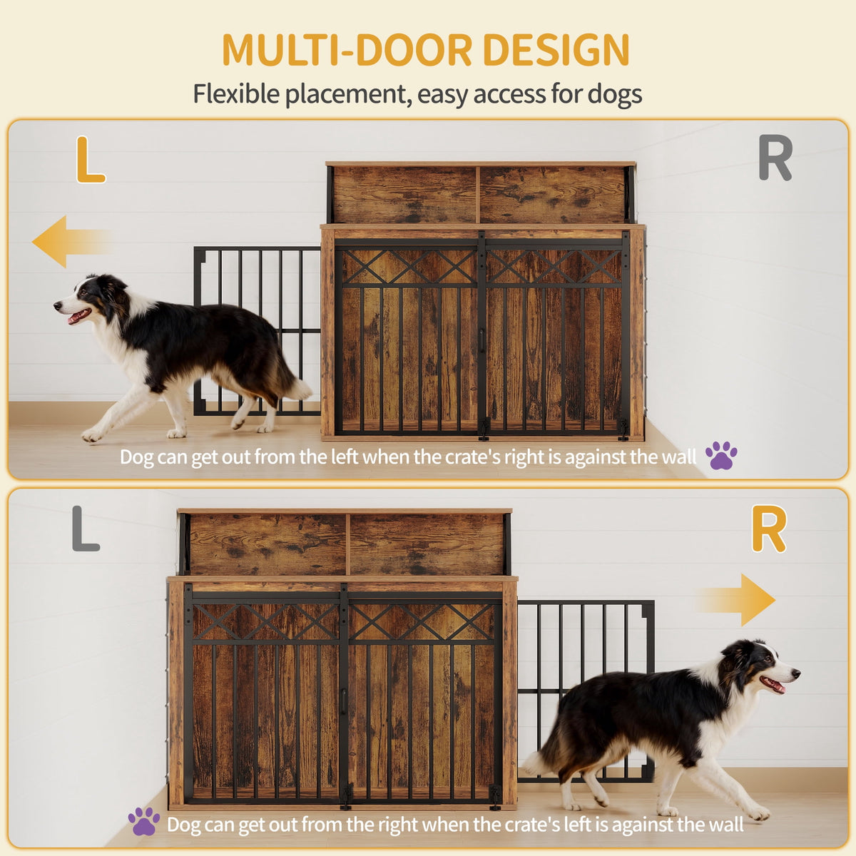 39.4" Large wooden dog crate, Indoor Dog Kennel with Barn Door for Medium/Large Dogs, 3 Doors dog Crate Furniture with Storage, Rustic Brown