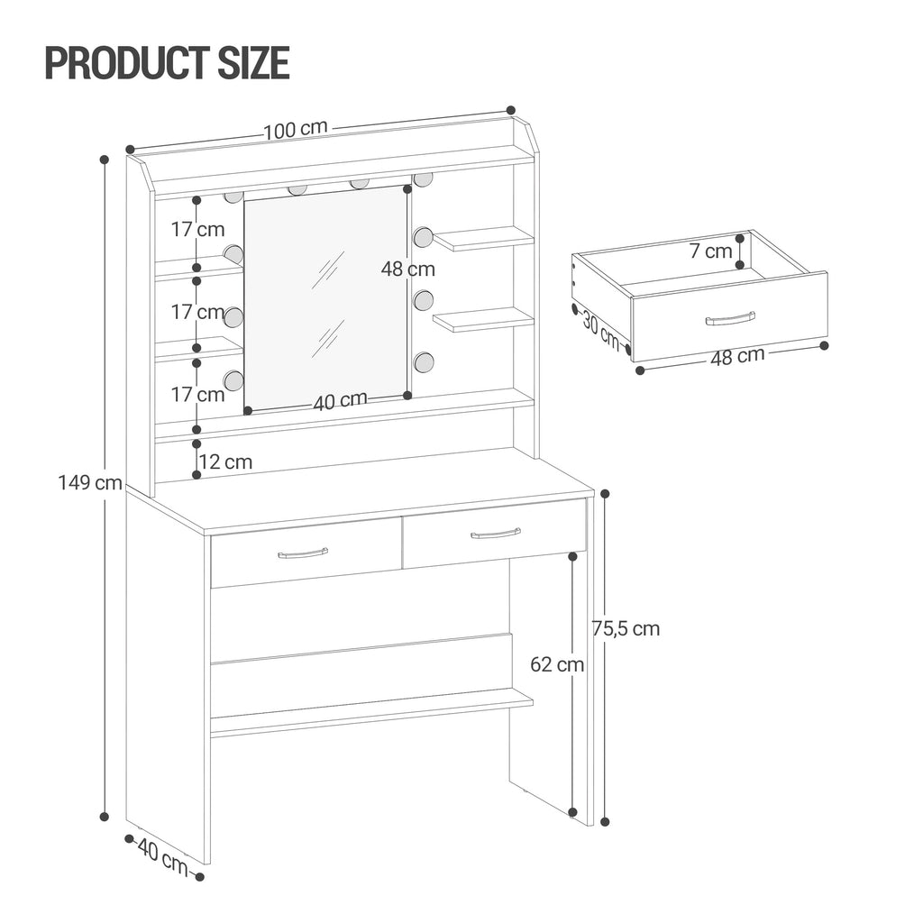 Hzuaneri White Dressing Table With Mirror 2 Storage Drawers Adjustab hzuaneri-white-dressing-table-with-mirror-2-storage-drawers-adjustab