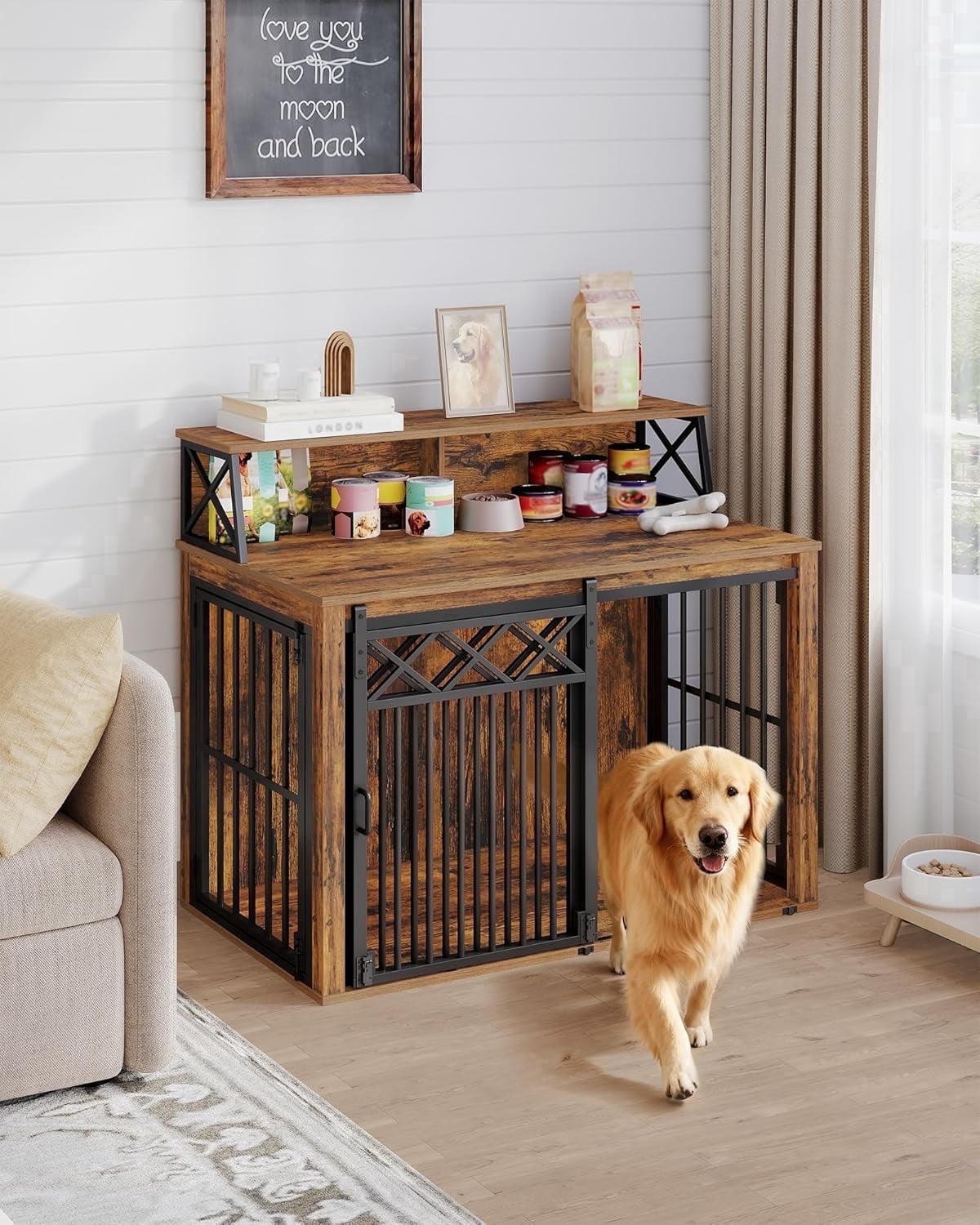 39.4" Large wooden dog crate, Indoor Dog Kennel with Barn Door for Medium/Large Dogs, 3 Doors dog Crate Furniture with Storage, Rustic Brown