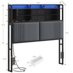 Headboard with 3-Tier Storage Shelves, Velvet Upholstered Headboard with Outlet, 2 USB Ports & LED Light, Headboards Full Size Bed with Two Fabric Drawers, Black and Dark Gray