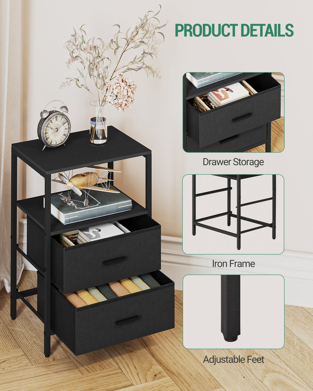 Hzuaneri Bedside Table Set of 2 with 2 Fabric Drawers & Shelf, Nightstand for Bedroom and Living Room, Black