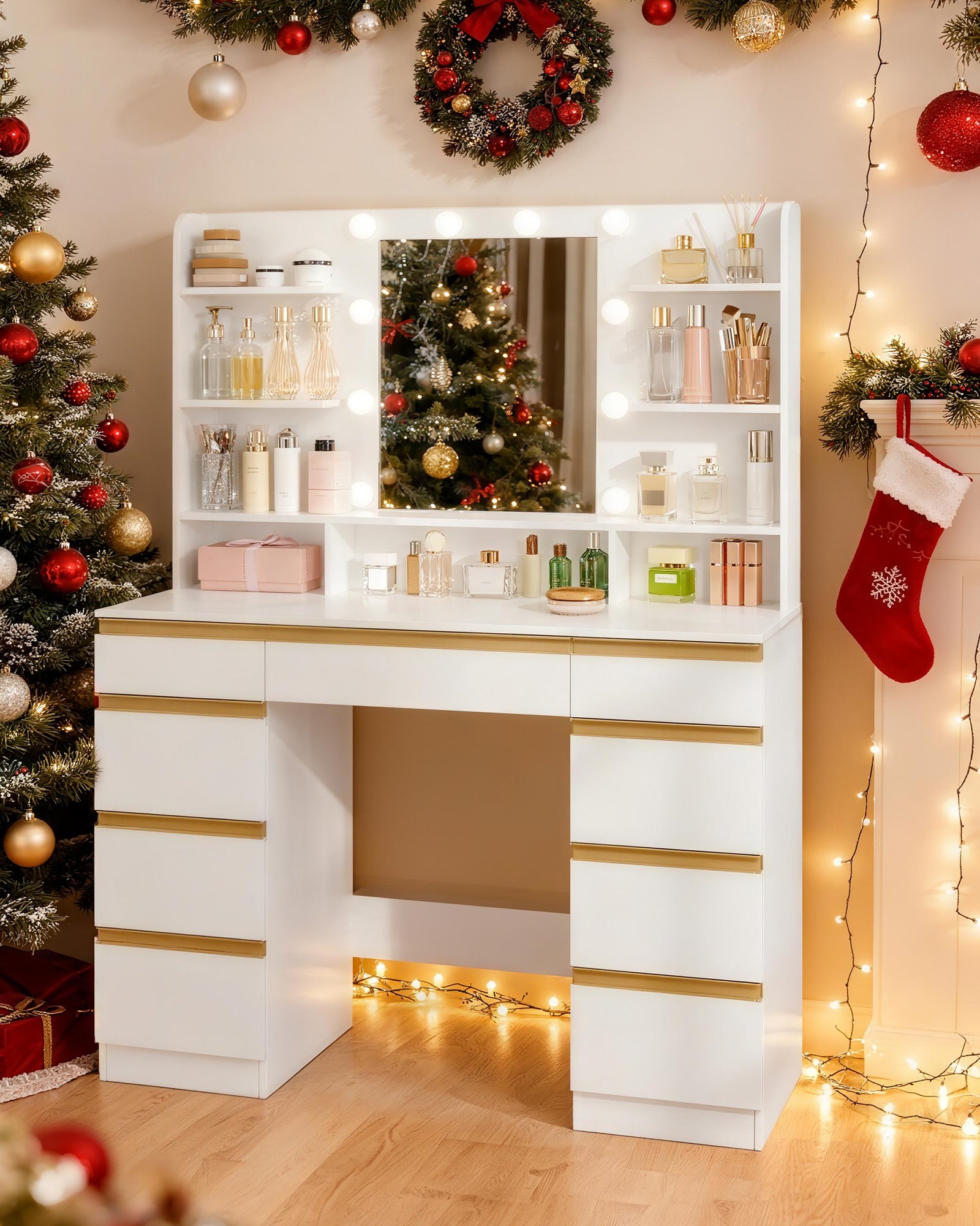 Hzuaneri Large Dressing Table with 10 LED Lights & Mirror, 9 Drawers, 9 Shelves, 3 Colors