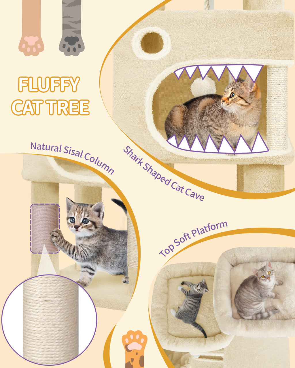 Hzuaneri Cat Tree, 159 cm with 8 Scratching Posts, Beige with 3 Platforms, 2 Caves, Basket, Plush Balls, Sisal Rope, Suitable for Cats of Various Sizes, MS15918YL