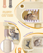 Hzuaneri Cat Tree, 159 cm with 8 Scratching Posts, Beige with 3 Platforms, 2 Caves, Basket, Plush Balls, Sisal Rope, Suitable for Cats of Various Sizes, MS15918YL