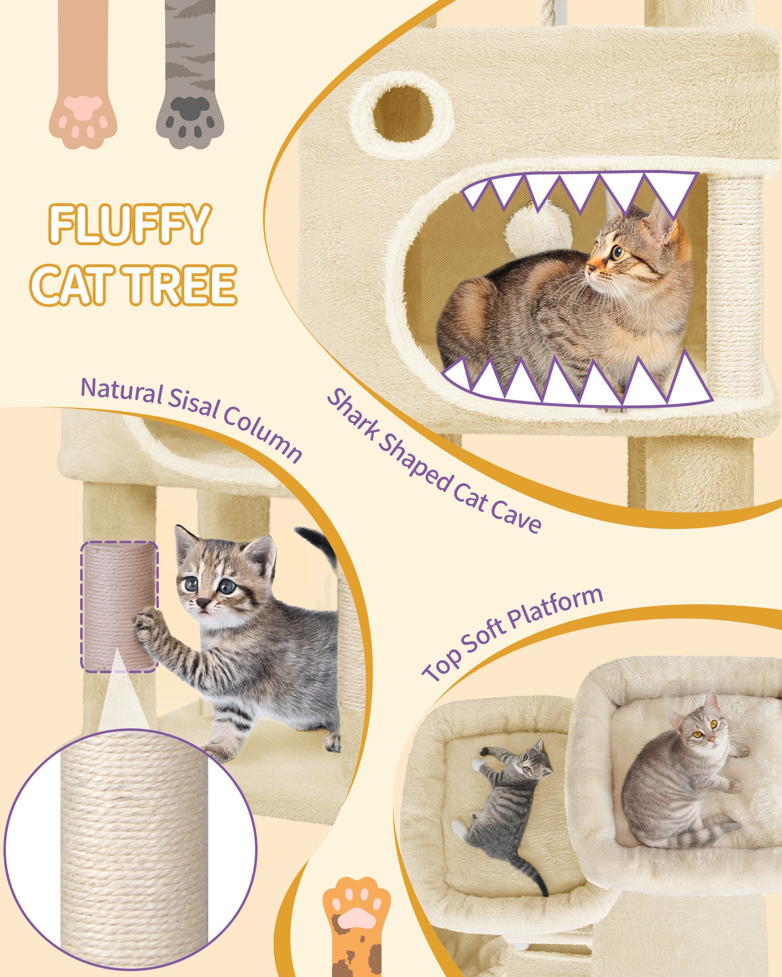 Hzuaneri Cat Tree, 159 cm with 8 Scratching Posts, Beige with 3 Platforms, 2 Caves, Basket, Plush Balls, Sisal Rope, Suitable for Cats of Various Sizes, MS15918YL