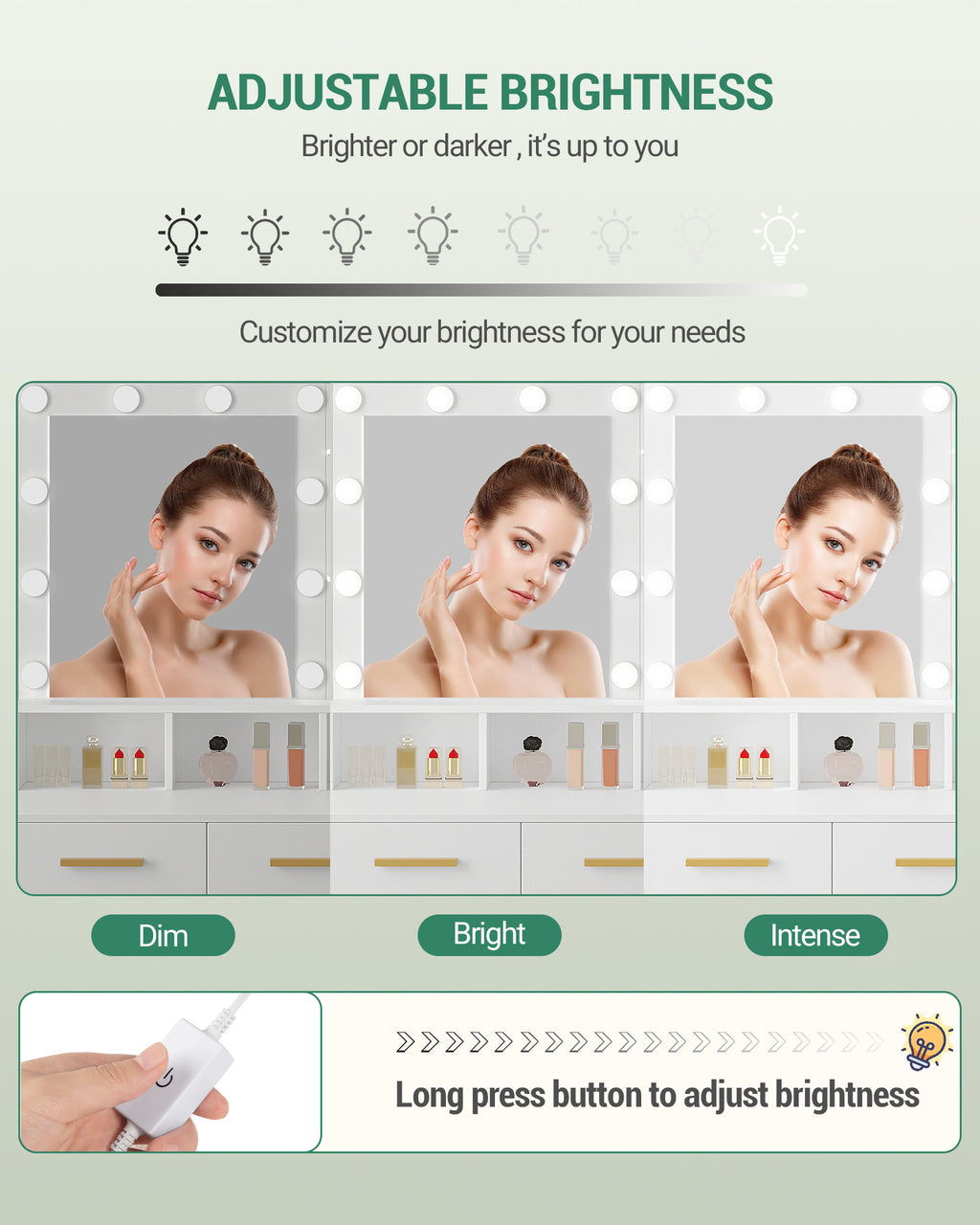 Hzuaneri Dressing Table with LED Lights Mirror, Adjustable Brightness, 2 Drawers & Cabinet, White