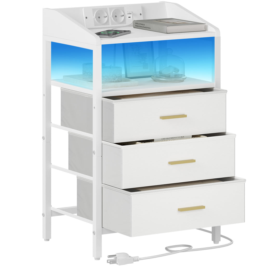 Hzuaneri Bedside Table with LED Lights & Charging Station, 3 Fabric Drawers, USB Ports & Power Outlets, White
