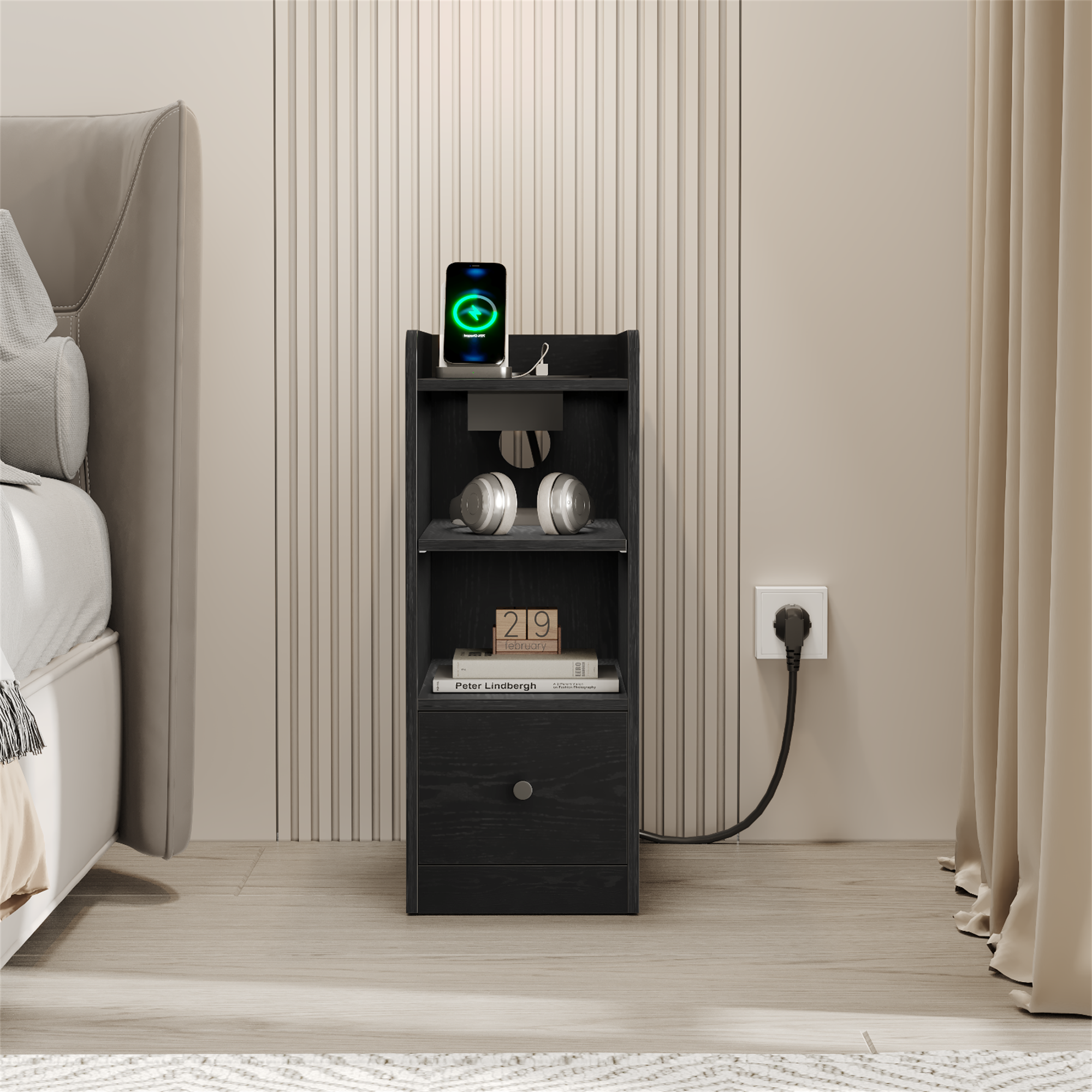 Hzuaneri Nightstands with Charging Station, USB & Type-C Ports, Narrow Side Tables, 3-Tier Storage Space with 1 Drawer—For Bedroom & Living Room, Black NS36404X