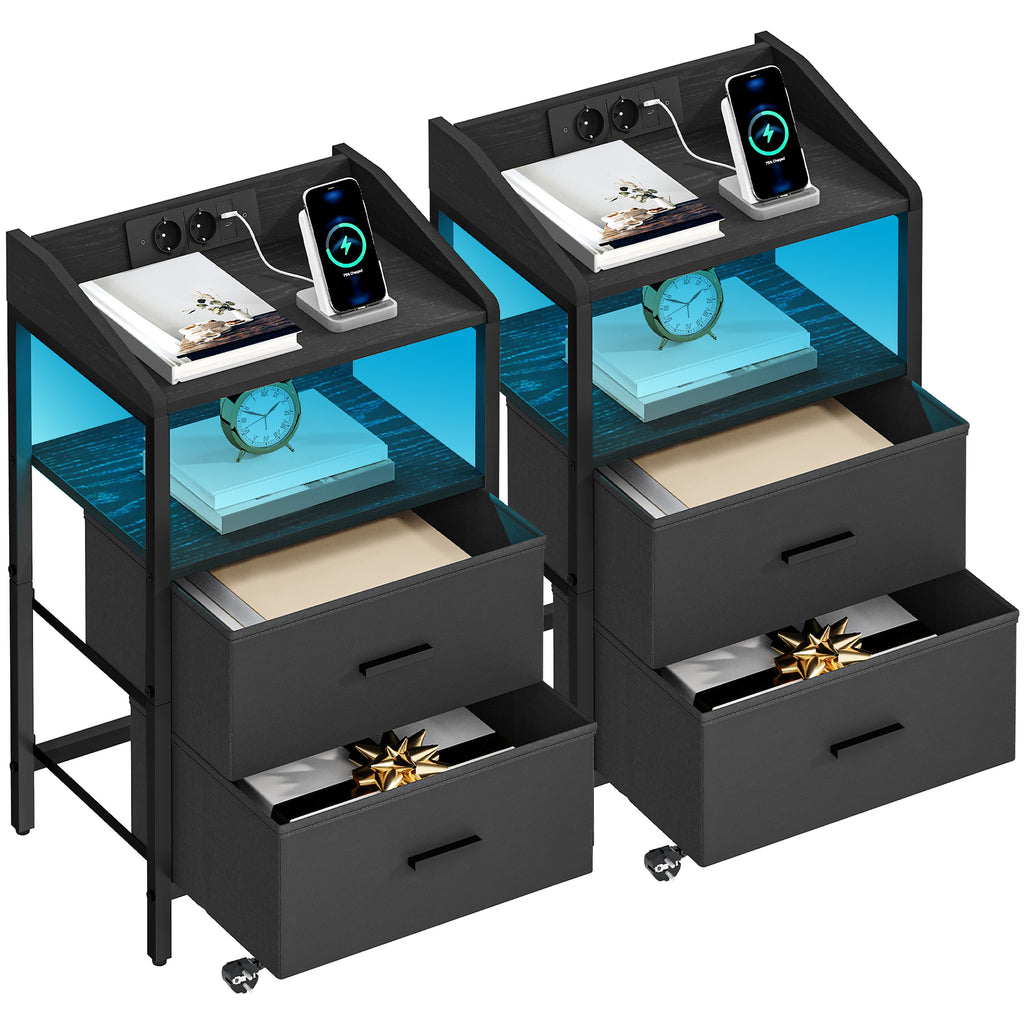 Hzuaneri Bedside Table Set of 2 with LED Lights & Charging Station, USB Ports & Outlets, Black