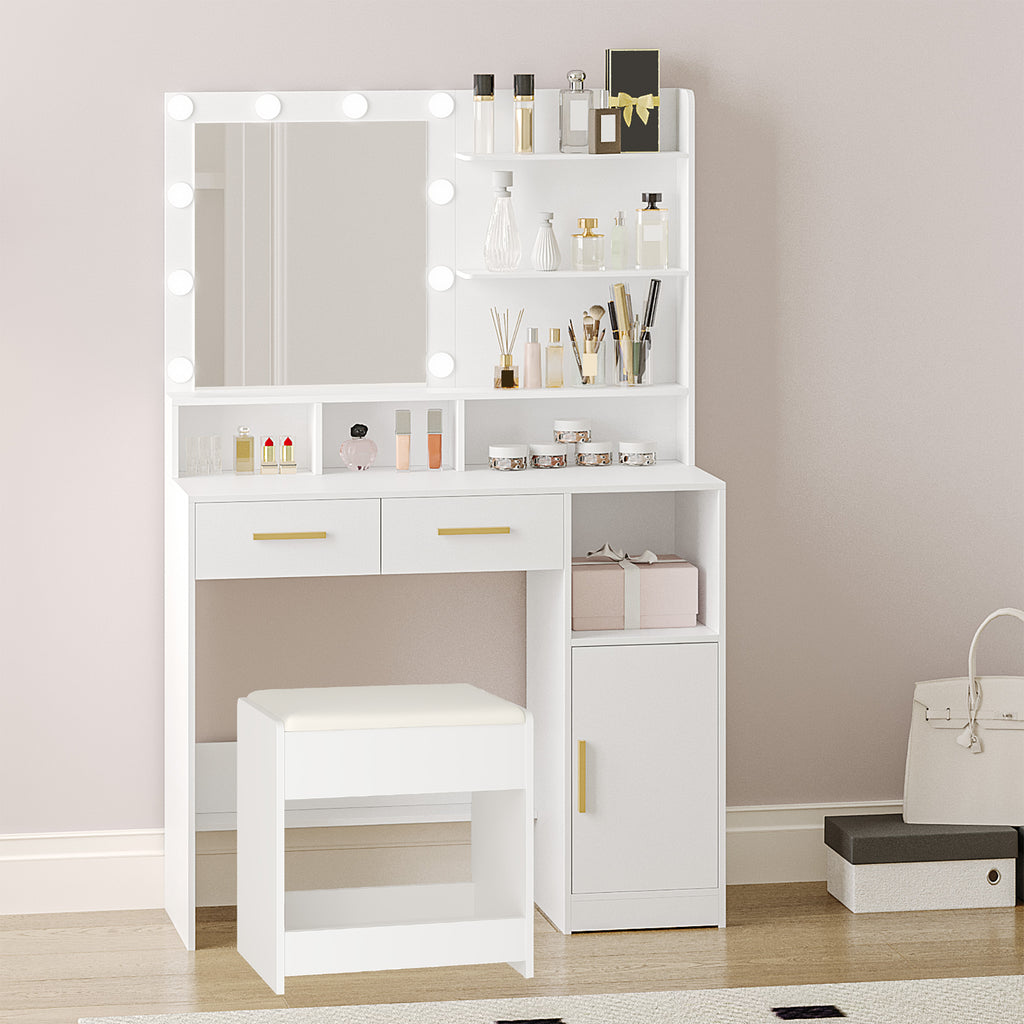 Hzuaneri Dressing Table with LED Lights Mirror, Adjustable Brightness, 2 Drawers & Cabinet, White