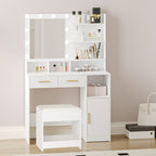 Hzuaneri Dressing Table with LED Lights Mirror, Adjustable Brightness, 2 Drawers & Cabinet, White