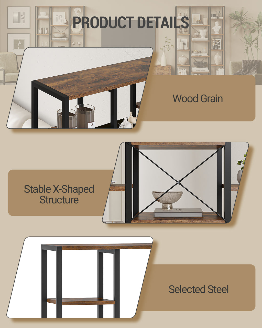 Hzuaneri  6-Level Bookshelf with 15 Adjustable Shelves, Vintage Brown-Black, 30 x 100 x 170 cm