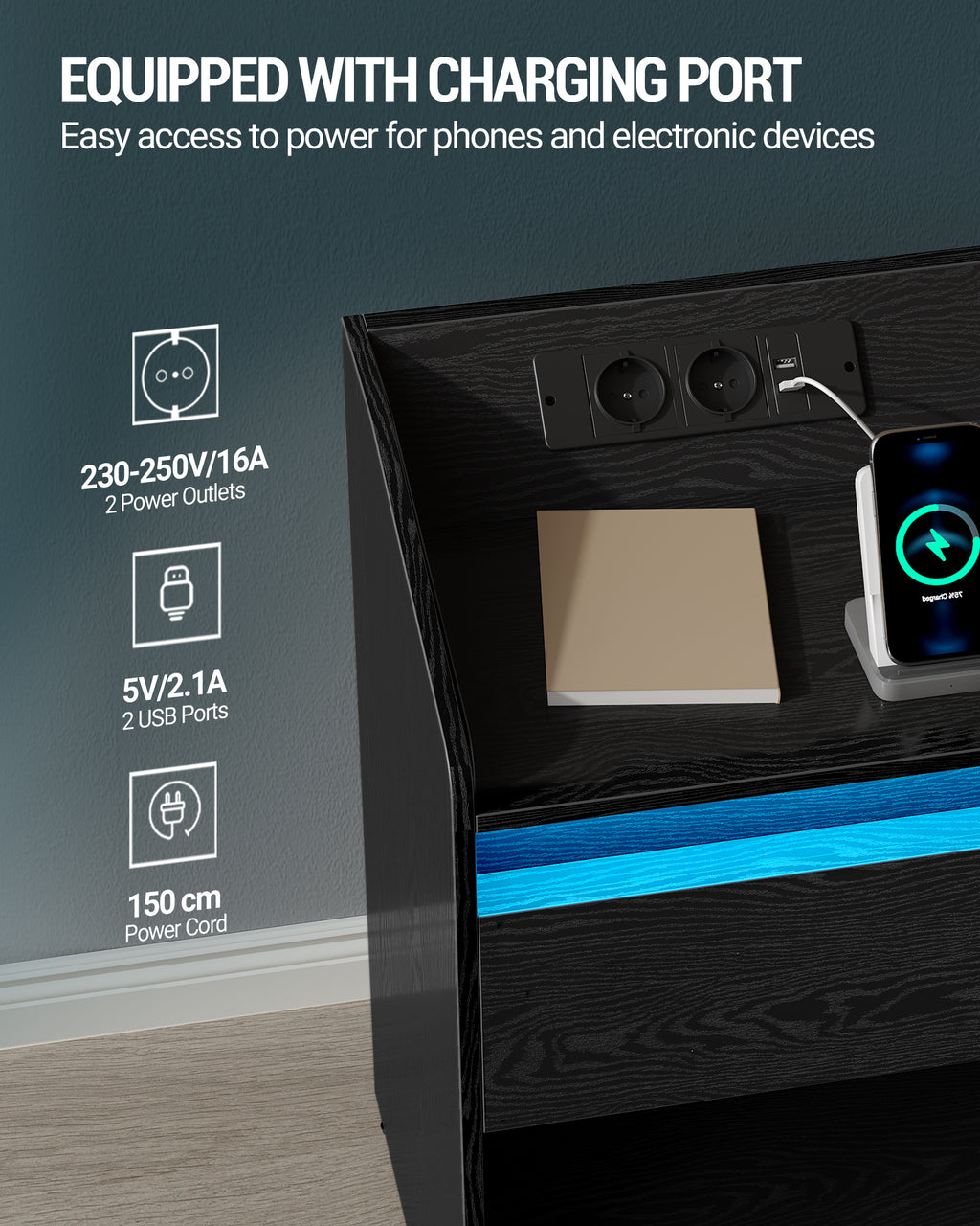 Hzuaneri Bedside Table with LED Light & Charging Station, 2 USB Ports & Outlets, Storage Drawer