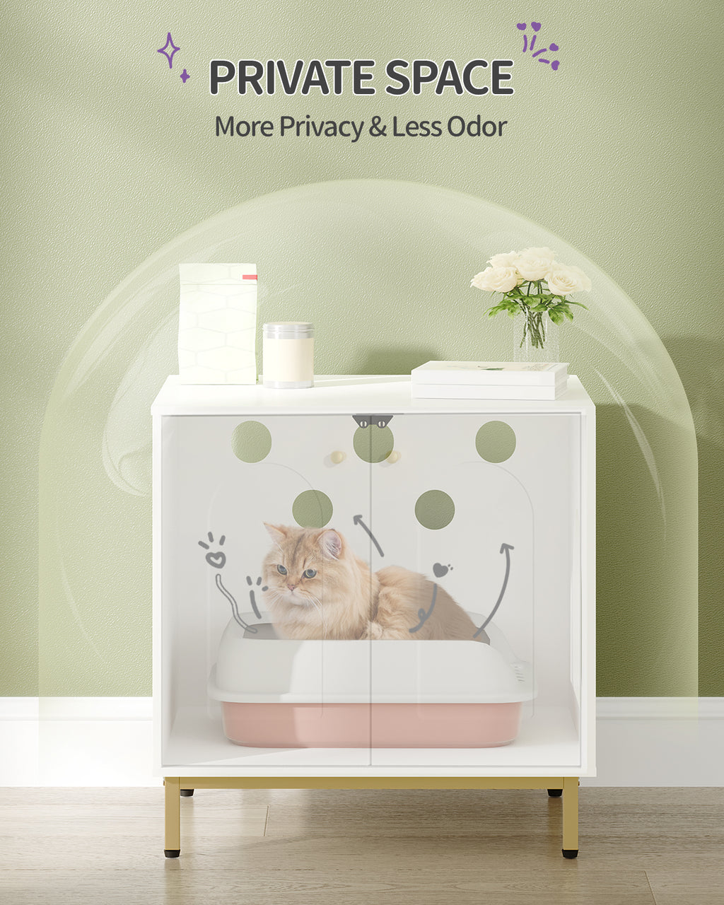 Hzuaneri Cat Cabinet, Cat Litter Box, Cat Toilet Cabinet, Cat House with Door, Wooden Side Table for Pet House White and Gold